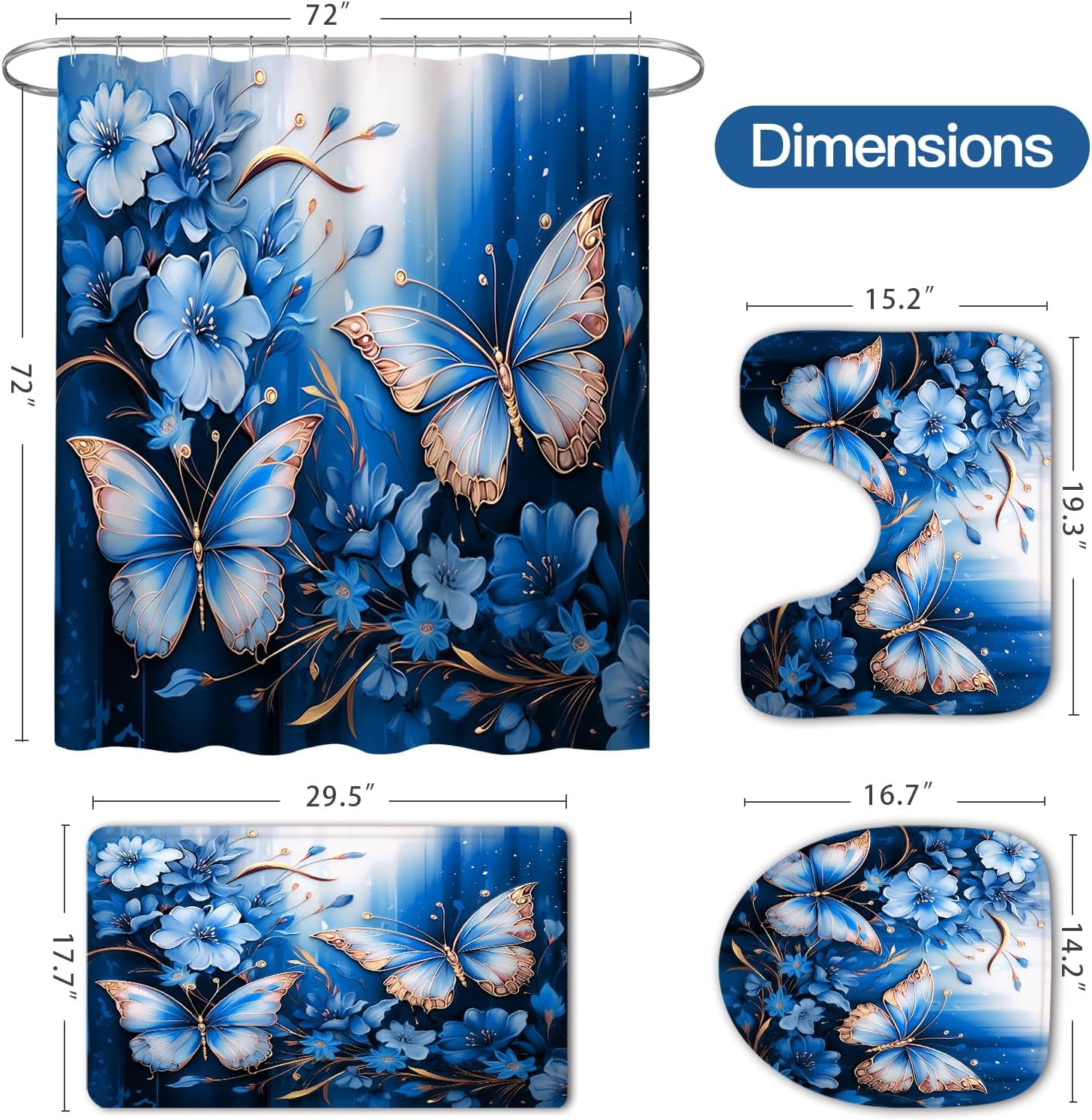 4 Pcs Blue Floral Butterfly Shower Curtain Set with Non-Slip Rugs, Modern Toilet Lid Cover and Bath Mat, Sparkling Bathroom Decor Set with Shower Curtain and Rugs