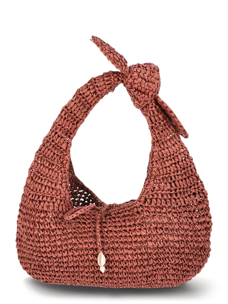 Time and Tru Knot Straw Crescent Bag, Small Beach Handbag with