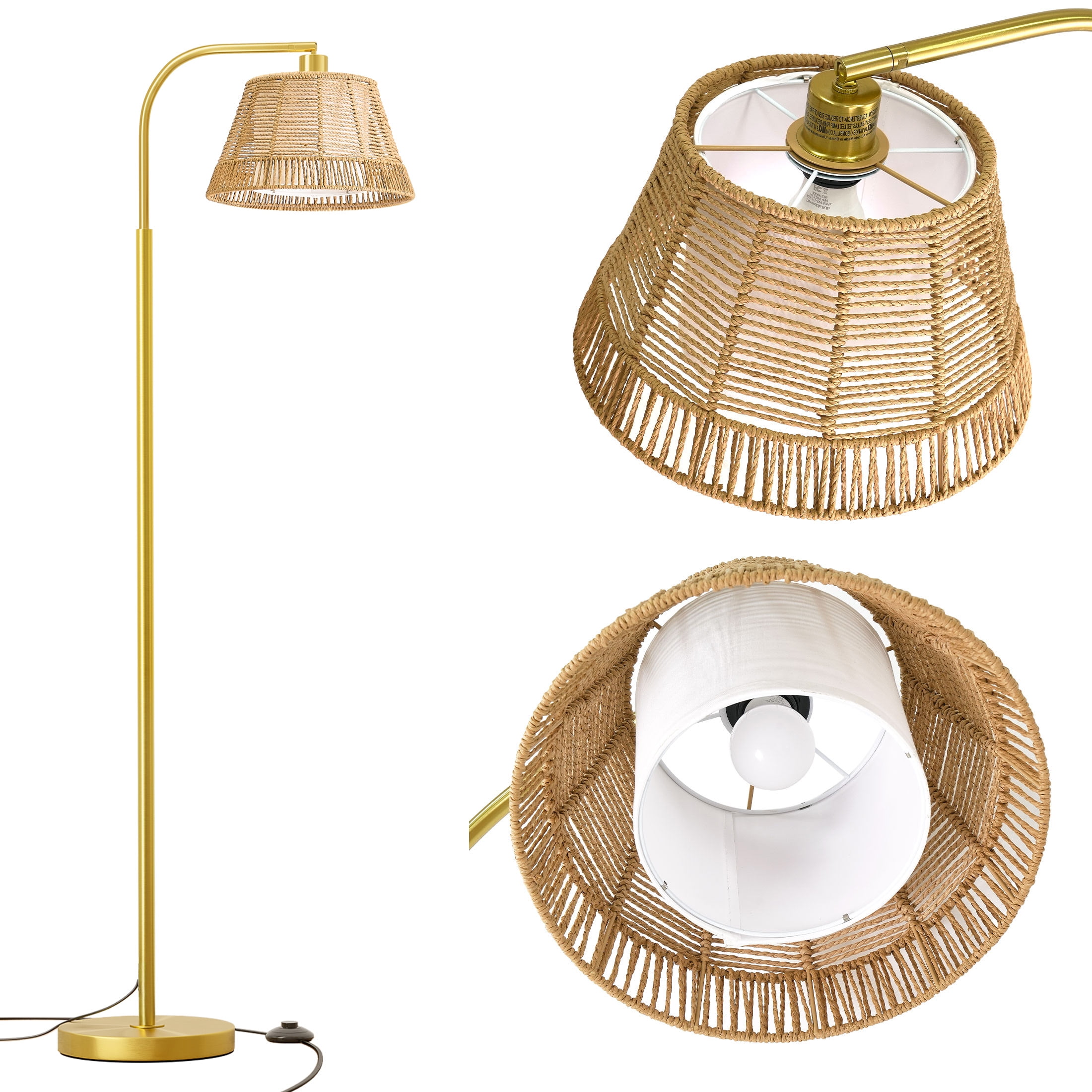 Oneach 62.5" Boho Metal Floor lamp with Bell Rattan Shade,Farmhouse Gold Standing Tall Lamp for Living Room Bedroom,Home,Office