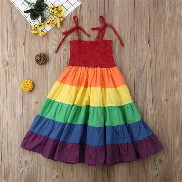 Girl Dress Rainbow Autumn Clothes Kids Colorful Rainbow Dress Colorful Cotton Cotton Long Dress, 130cm