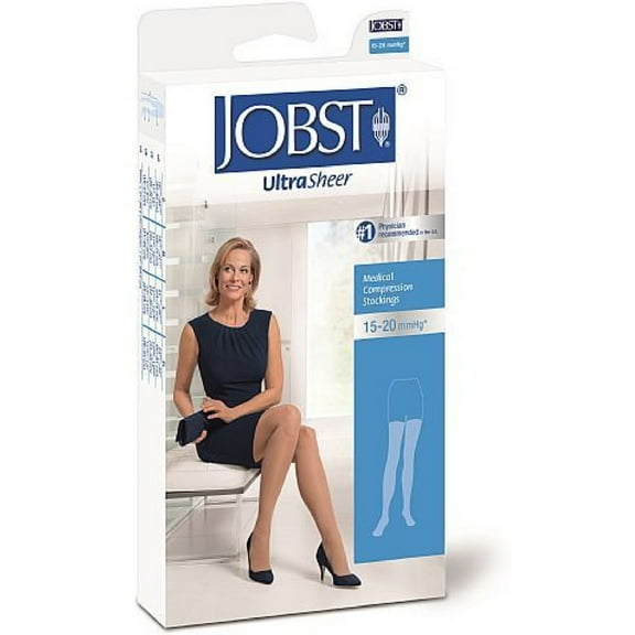 JOBST UltraSheer Thigh High with Lace Silicone Top Band, 15-20 mmHg Compression Stockings, Closed Toe, Large, Natural