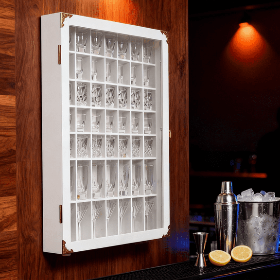 Ymokee Large Shot Glass Display Case, 49 Shots Lockable Wall Mounted Display Box with Acrylic Door for Home, White