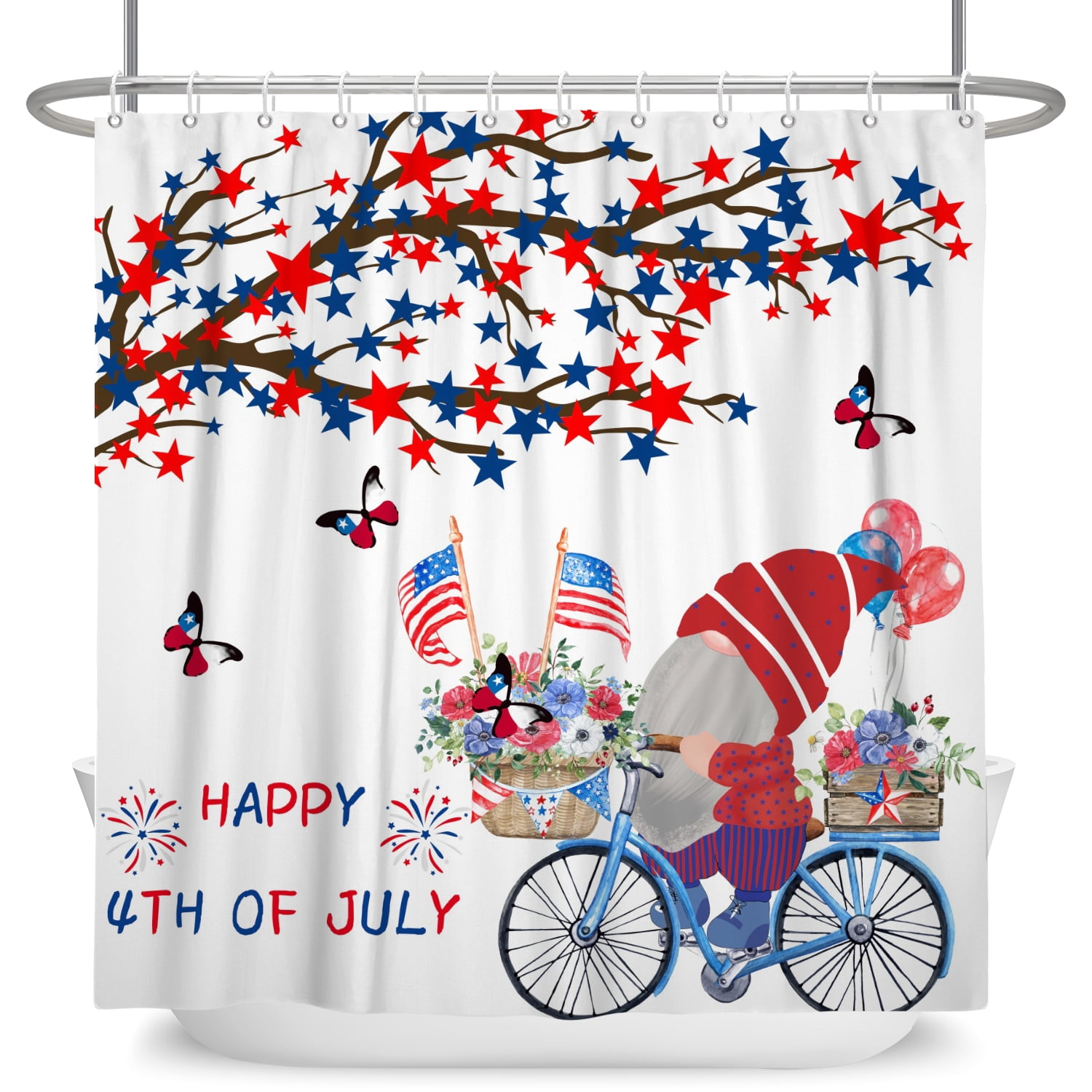 SUNOLIFE 4th of July Shower Curtain,Patriotic Independence Day Gnome Fabric Bathroom Curtain with Hooks,60x72 in