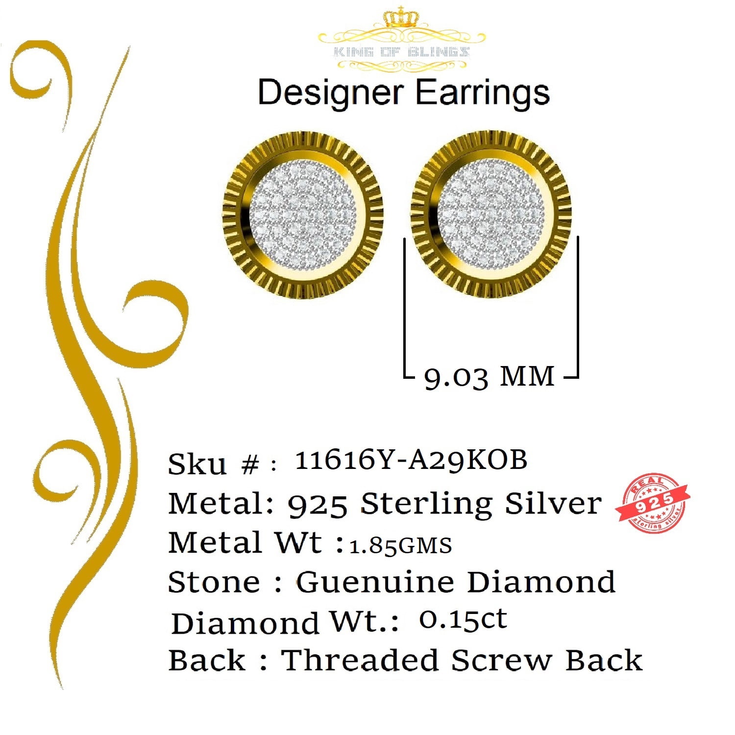 King of Bling's 925 Sterling Silver 0.15ct Diamond For Ladies & Men's Yellow Stud Round Earrings