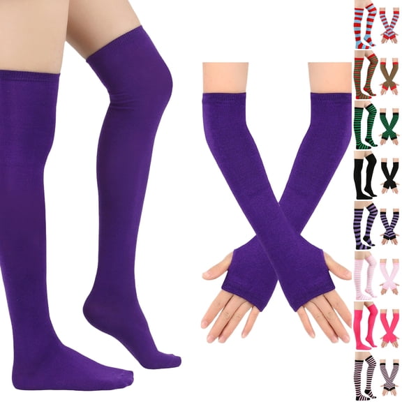 Resicozy Women's Striped Knee High Socks, Over Knee Thigh High Socks, Arm Warmer and Fingerless Gloves Set Purple-Pink