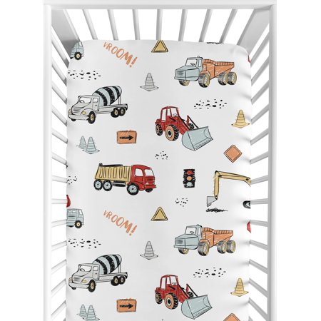 UPC: 0846480072904 | Construction Truck Baby Boy Fitted Crib Sheet – Grey Yellow Orange Red and Blue Transportation Baby or Toddler Bed Nursery by Sweet Jojo Designs