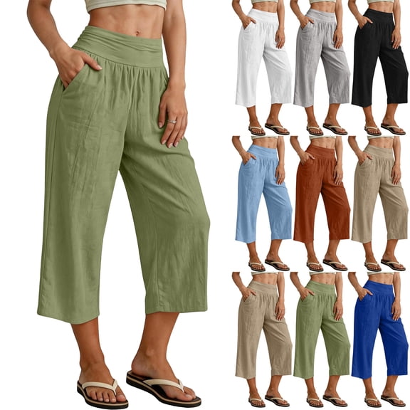Wide Leg Capri Pants For Women Comfortable Casual Solid Color Capri Pants With Pockets Summer Beach Vacation Outfits with Pockets