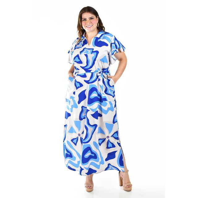 Vestido largo estampado abstracto Roman Fashion Tallas Extras 4338 Azul rey 40