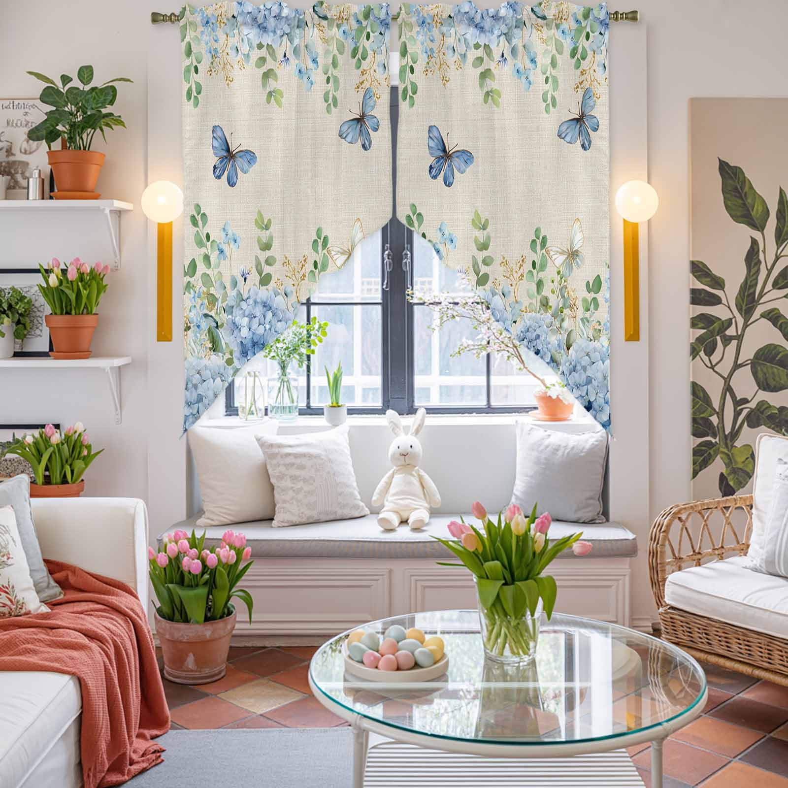 Blue Hydrangea Swag Kitchen Curtain Valances, Rustic Summer Blue Floral Butterfly Linen Texture Rod Pocket Curtains Window Treatment Decor Valances for Bedroom Bathroom, 2 Panels 36 x 36 Inch