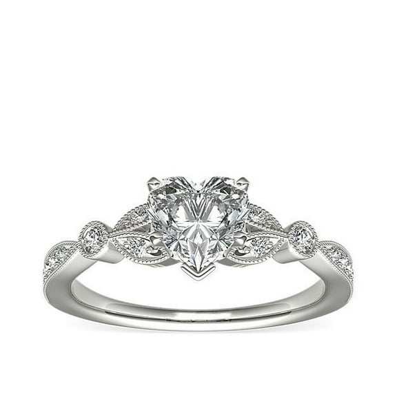 0.70 T.C.W Heart Shaped Genuine Diamond Unique Solitaire with Accents Ring for Engagement Solid 14K White Gold Size 7
