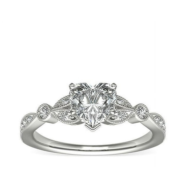 0.70 Carat Excellent Heart Cut Real Diamond Latest Design Solitaire with Accents Engagement Ring for Ladies Solid 14K White Gold Size 7.5