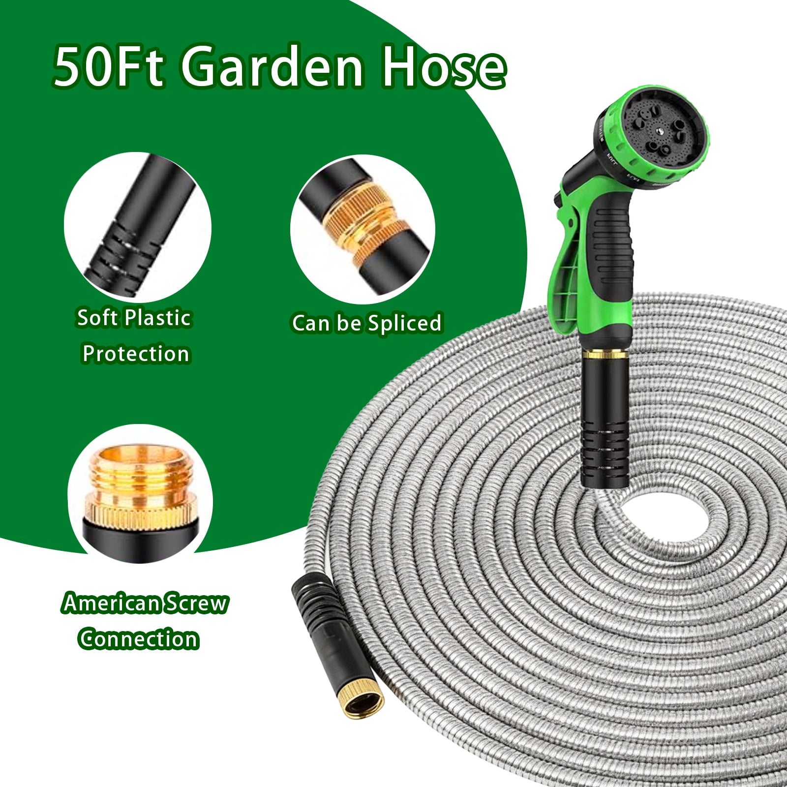 Garden Hose 50FT, Stainless Steel Heavy Duty Water Hose with 10 Function Nozzle, No-Kink, Tough & Flexible, Sturdy and Lightweight, Rust Proof for Yard, Outdoor, RV