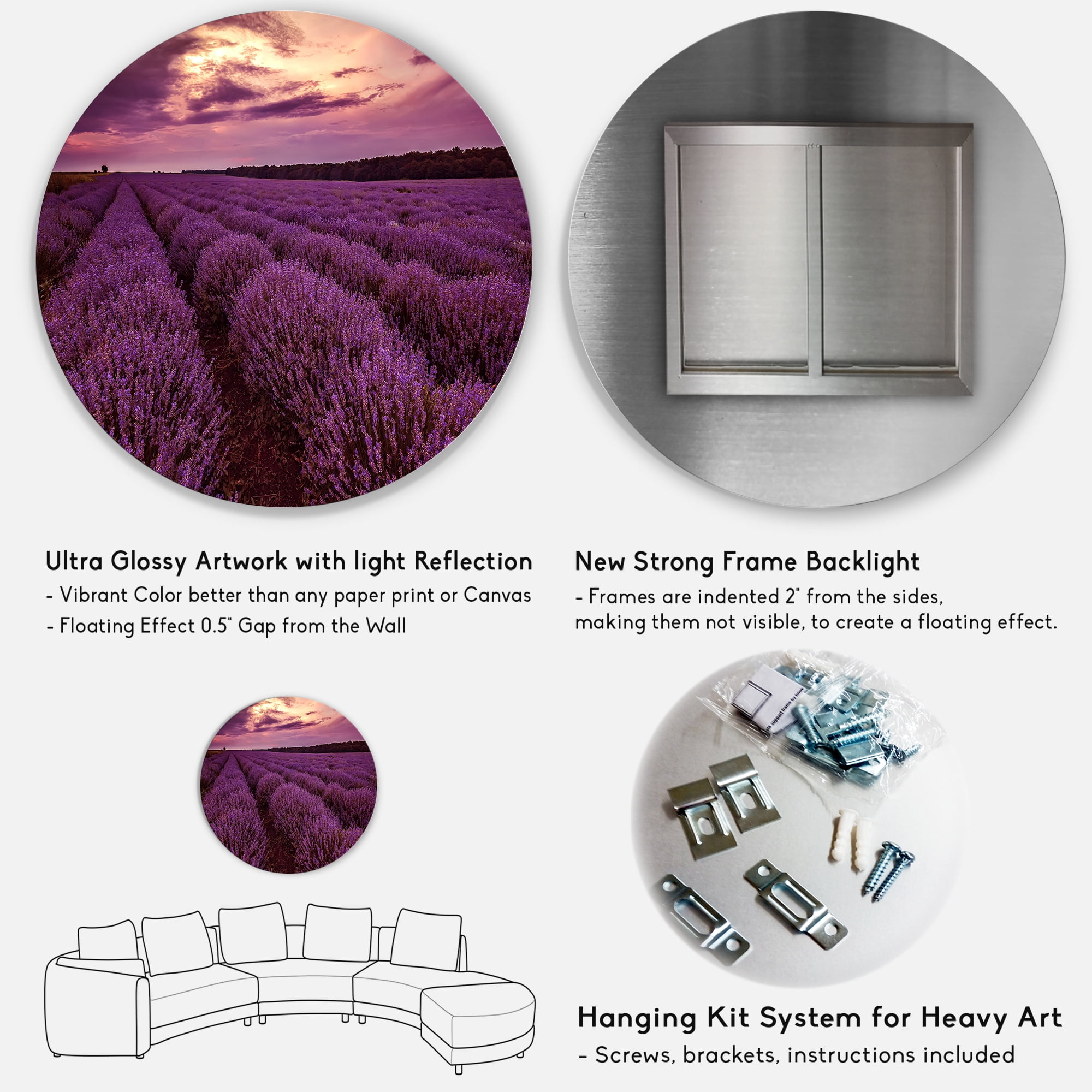 Designart 'Dramatic Clouds and Sunrise Over Lavender Field III' Farmhouse Circle Metal Wall Art 29x29 - Disc of 29