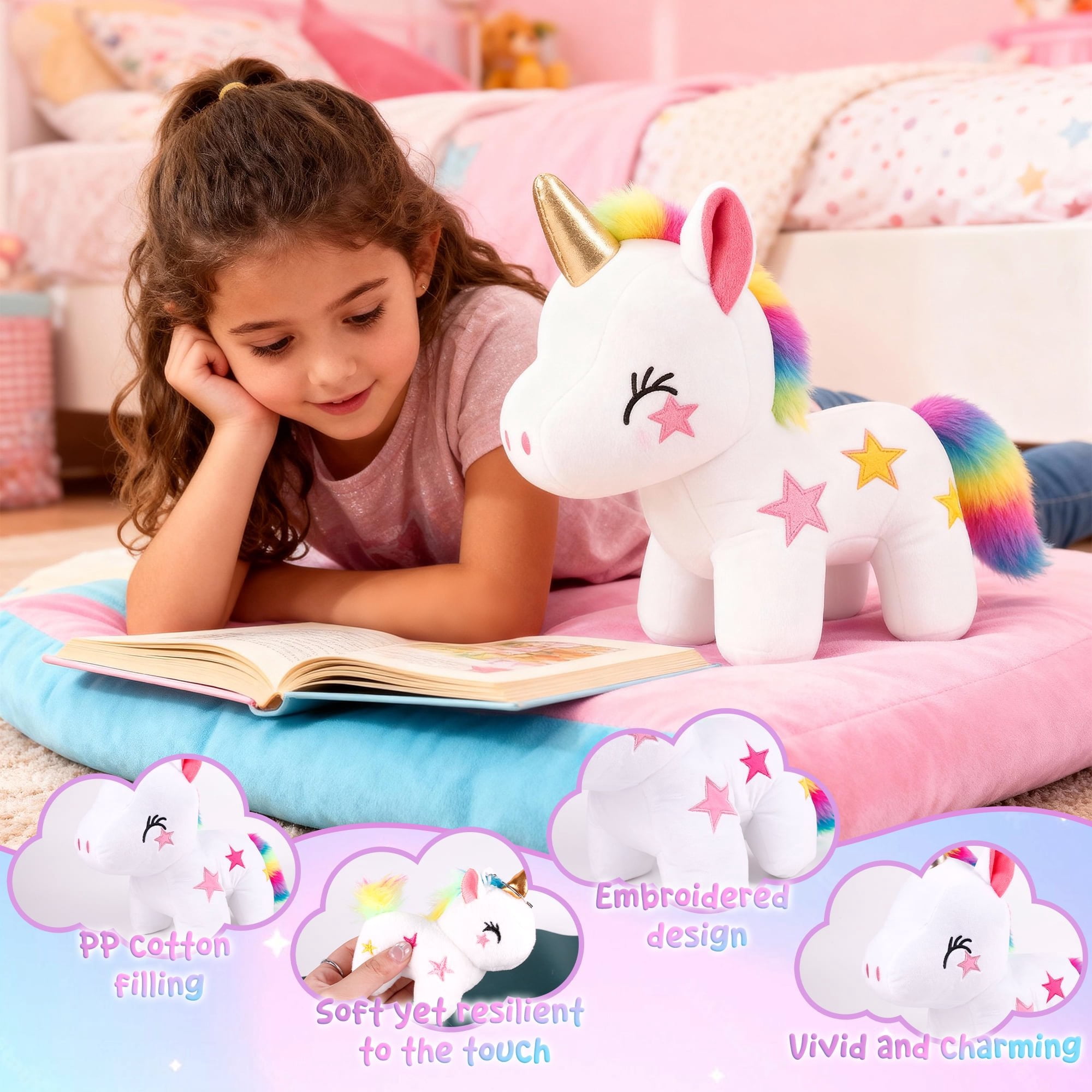 Dolizu 4-Pack Unicorn Plush Set: 1 large 11.8in + 3 small 4in unicorns. Ideal for kids’ play, bedtime and gifts for all ages.