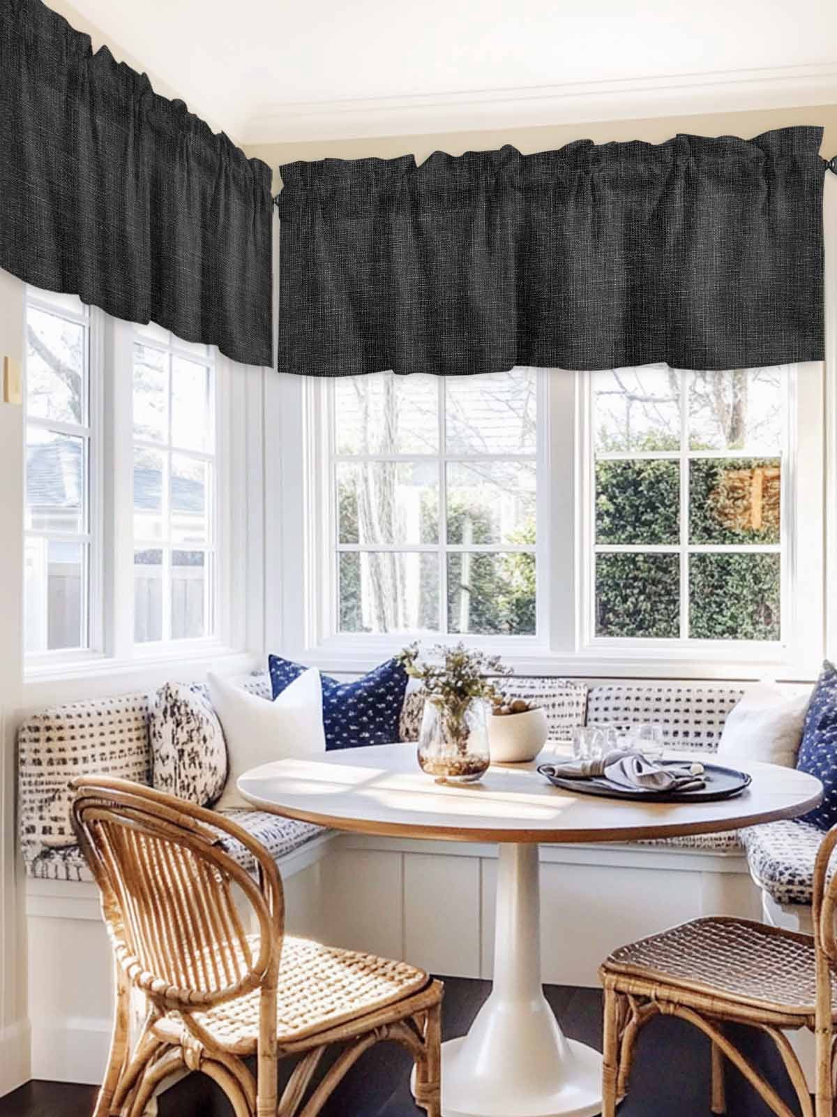 2 Panels Black Valance for Windows, Farmhouse Burlap Solid Black Color Modern Linen Texture Light Filtering Kitchen Curtains, Rod Pocket Window Treatment Curtain Valances for Living Room, 60"x18"