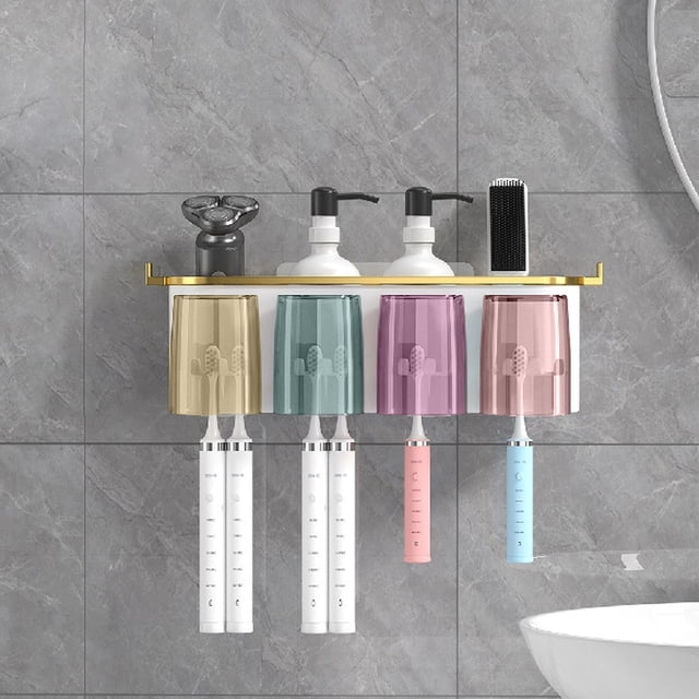 Organizador de estantería para cepillos de dientes | Set de 4 enjuagues bucales | Plástico, Multicolor, 12x4,5x3,2 pulgadas | Montaje adhesivo para ahorrar espacio, drenar | Soporte para encimeras