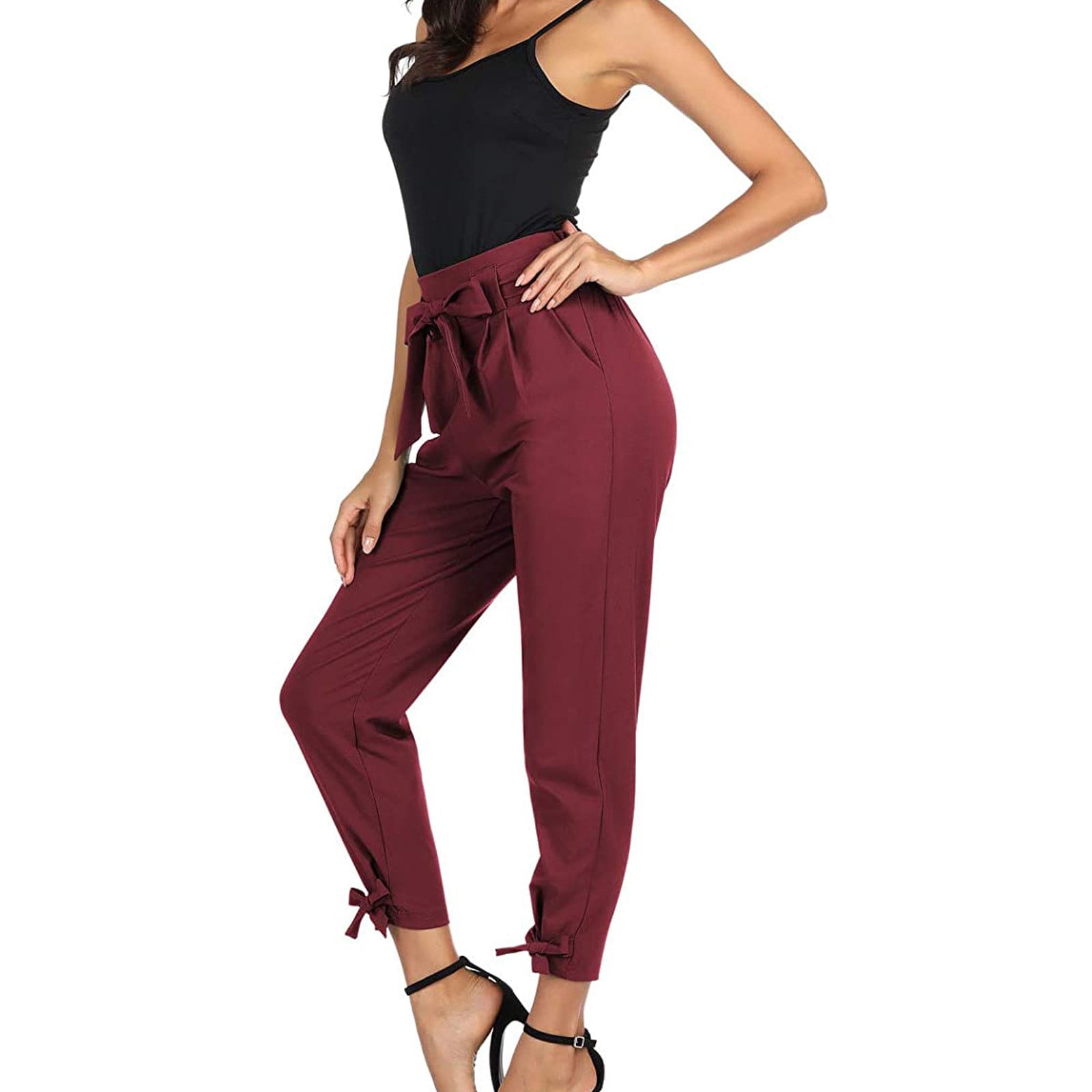 LoyisViDion Woman Pants Clearance Women'S High Waist Pants Tie Up All Match Casual Corset Women'S Trousers Pants Wine 10(XL)