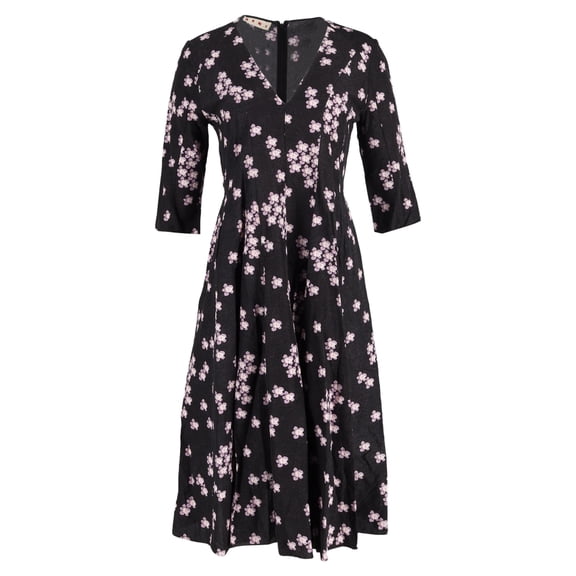 Pre-Owned Marni Midi Floral Print V-Neck Dress in Black Jacquard