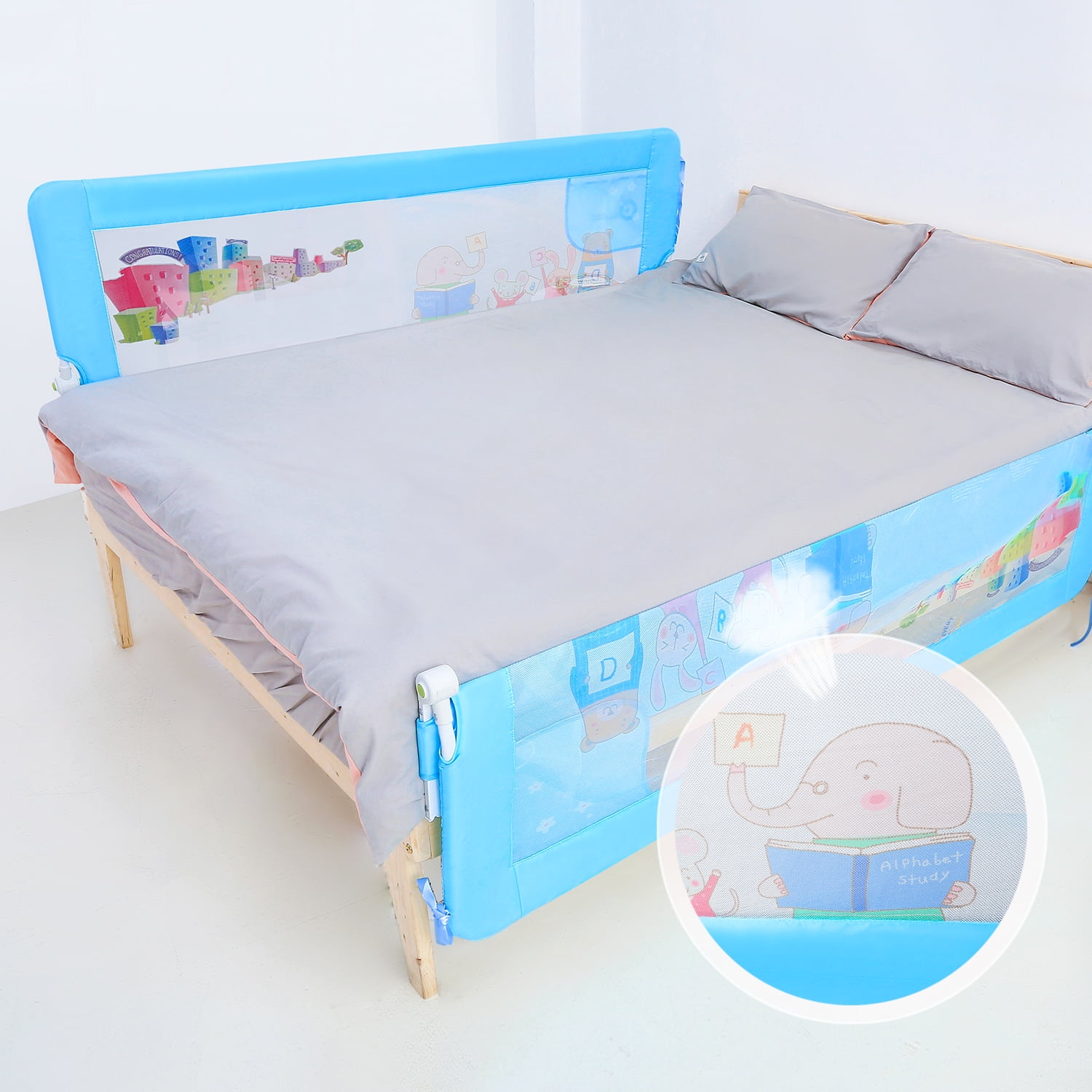 Double 59 inch Bed Rails for Toddlers QinTian 2 Sets Blue Swing Down Toddler Bed Rail Guard Fold Down Safety Side Rails for Twin Bed Full Size Queen & King Mattress¡­ 