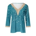 thumbnail image 4 of CYMMPU Blouses for Women Dressy Casual Lace V Neck Spring Tunic Tops Fall Fashion Shirts Floral Printed 3/4 Sleeve Loose Fit Business Elegant Work Topss Blue S, 4 of 5