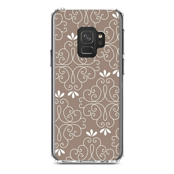 DistinctInk Clear Shockproof Hybrid Case for Samsung Galaxy S9 (5.8" Screen) - TPU Bumper, Acrylic Back, Tempered Glass Screen Protector - Tan White Floral