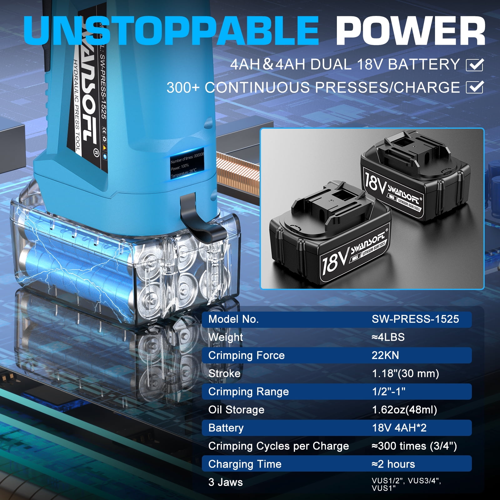 SWANSOFT Pro Press Copper Crimper, 22KN Electric Hydraulic Copper Pipe Criming Tool SP-1525