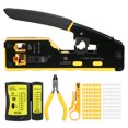 thumbnail image 1 of Professional Yellow RJ45 Crimp Tool Kit with Pass-Through Design – Includes 100 Cat6/5 Gold-Plated Connectors, 100 Blue Strain Relief Boots, Network Pliers, RJ11/RJ45 Tester, Blade Set, 1 of 6