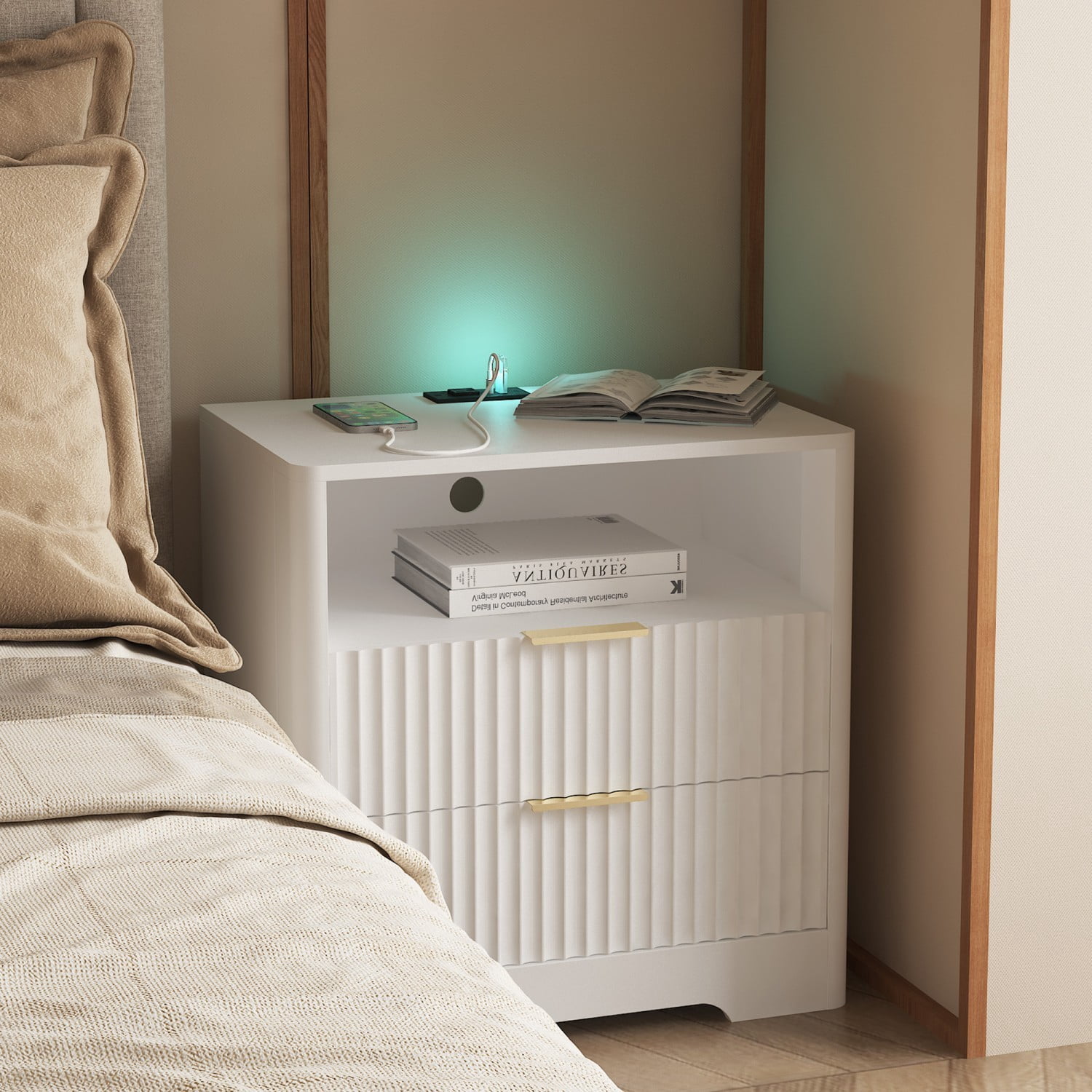 Nightstand with Charging Station and Voice Control Night Light, Modern Bedside Table with Storage Cabinet, White Night Stand for Bedroom, Living Room