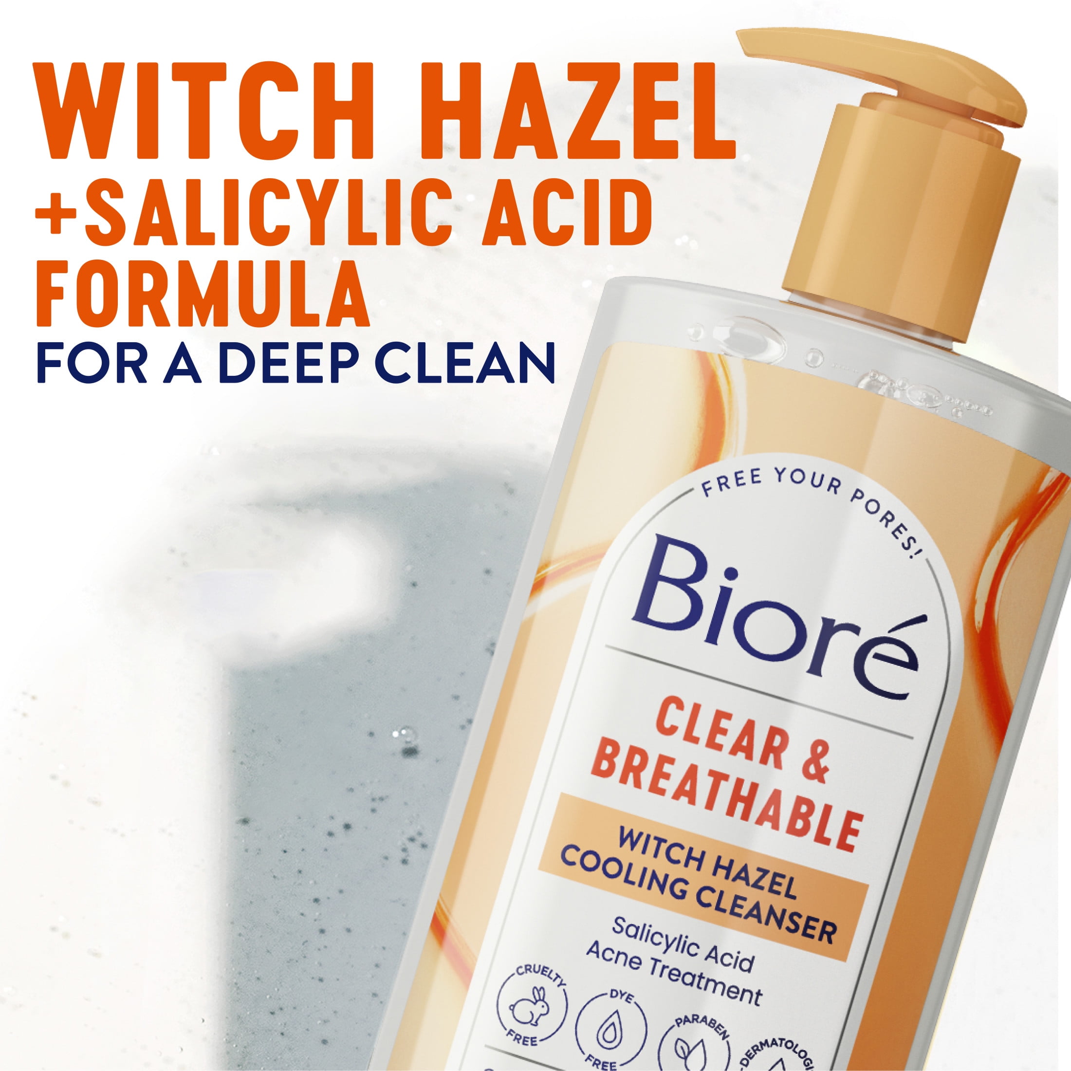 Biore Witch Hazel Face Wash Cleanser, Acne Prone Skin Care, 6.77 fl oz