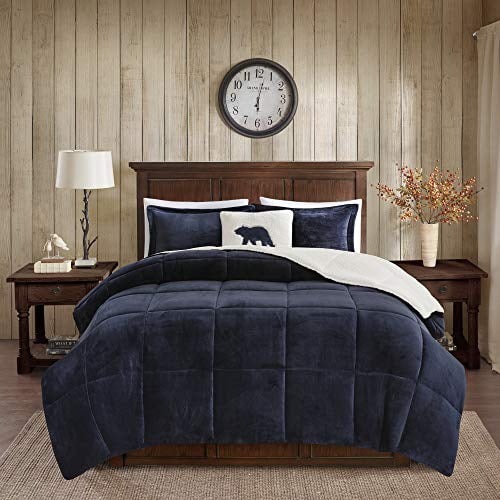 Woolrich Alton Ultra Soft Plush to Sherpa Berber Down Alternative Cozy Cold Weather Winter Warm Comforter Set Bedding, Full/Queen, Navy/Ivory