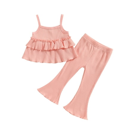

Toddler Girls Summer Clothes Ruffle Layered Ruffle Camisole + Solid Color Ribbed Flared Pants Sweet Baby 2pcs Set