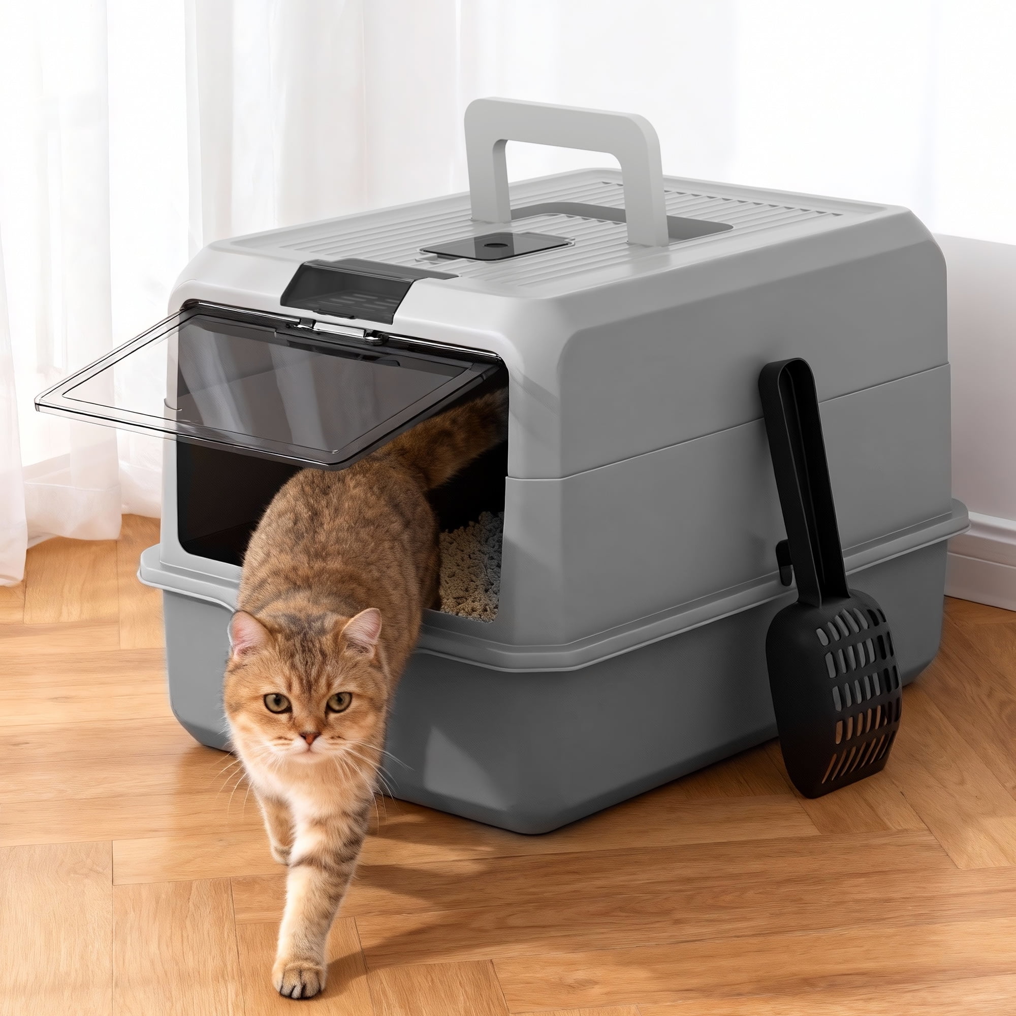 Cat Litter Box Enclosure Large Litter Box with Front Door Flap and Scoop Plastic Gray