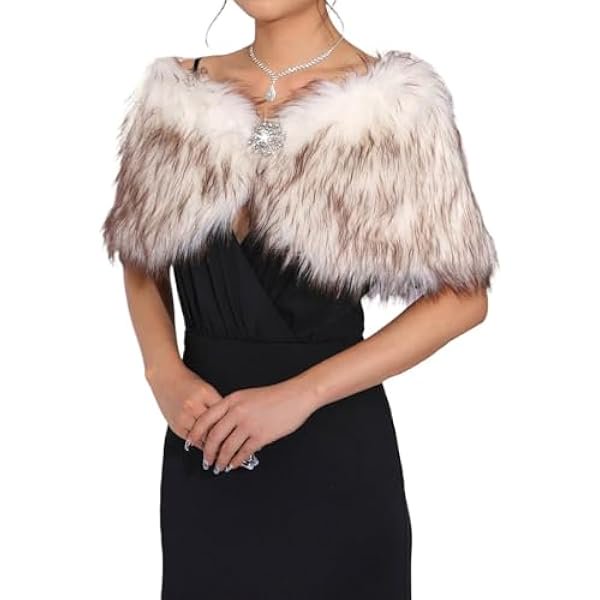 wonima44 Aukmla Wedding Party Fur Wraps and Shawls Bridal Fur Stole Sleeveless Faux Fur Shawl with Stunning Rhinestones Crystal Brooch