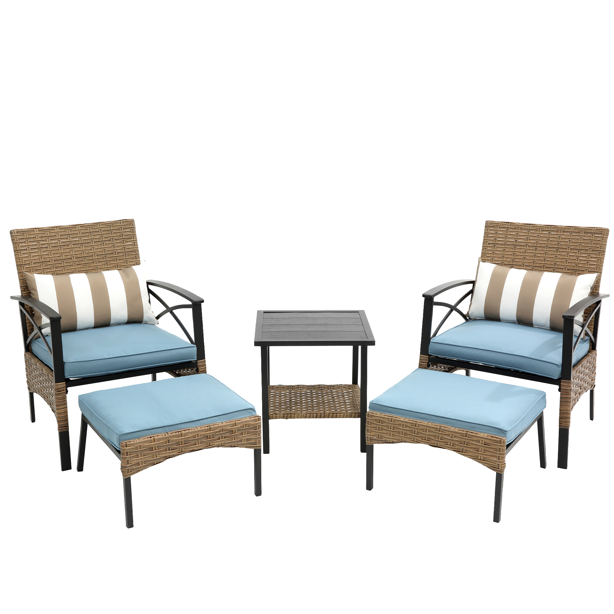 SYNGAR 5 Piece Outdoor Patio Furniture Set, PE Rattan Sectional Furniture Set with Coffee Table, Cushioned Chair and Ottoman, Patio Conversation Sofa Set, for Garden, Yard, Deck, Poolside, Blue, D1067 - image 3 of 10