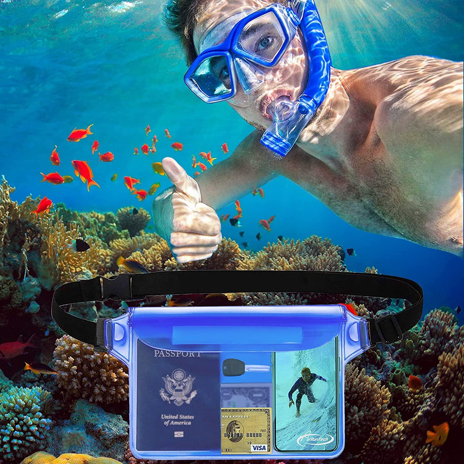 Waterproof Pouch with Waist Strap (2 Pack) | Beach Accessories Best Way to Keep Your Phone and Valuables Safe Dry Perfect for Boating Swimming Snorkeling Kayaking Pool Water Park