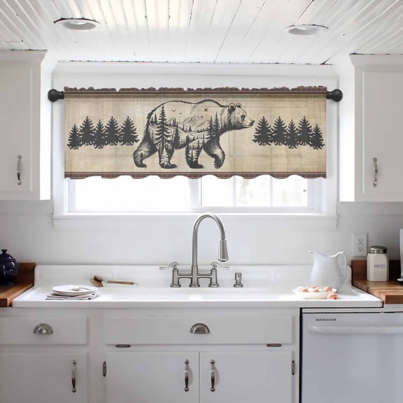 Brown Black Bear Valance Curtains for Kitchen/Living Room/Bathroom/Bedroom Window, Farmhouse Cabin Forest Vintage Rod Pocket Small Topper Half Short Window Curtains Voile Sheer Scarf 42"x12"
