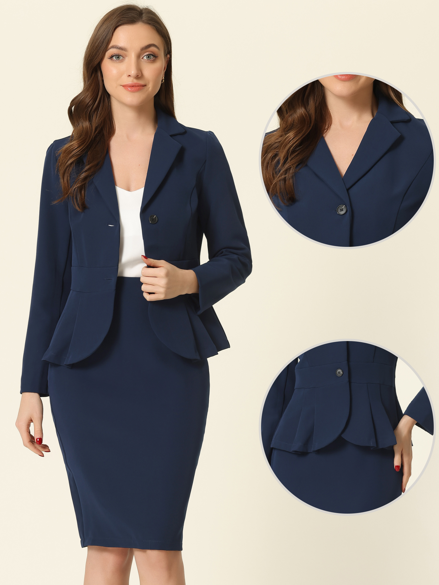 DARING DIVA Women's Peplum Blazer Pencil Skirt 2 Pcs Suit Set 2XL Navy