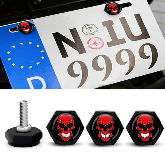 JWQI 4 PCS Universal DIY License Plate Bolts, License Plate Bolts Decorative Kit with 3 Size of Screws, Universal Car Truck Motorcycle License Plate Frames Bolts Fasteners,  For Skull Style, Black