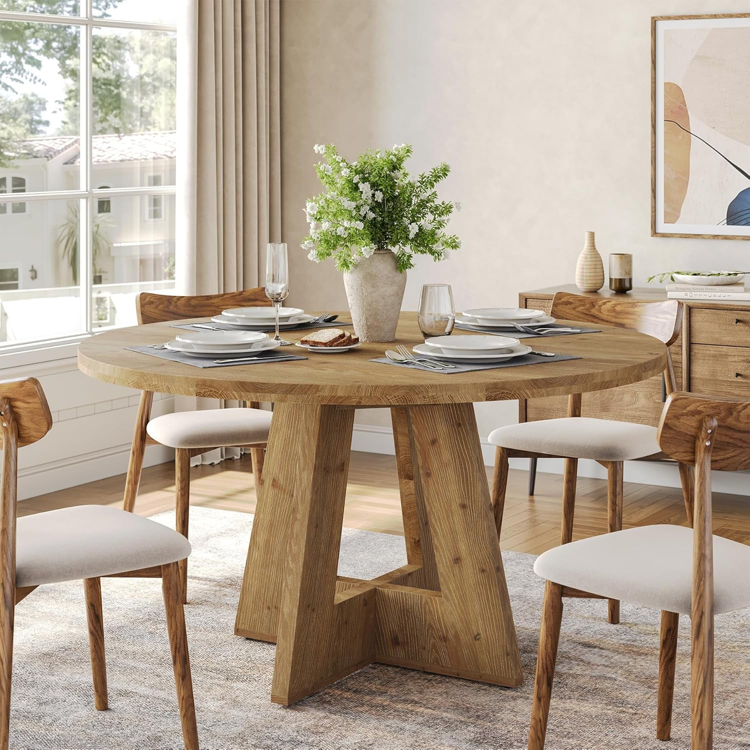 Finmind 47-Inch Solid Wood Round Kitchen Table for 4-6, Farmhouse Dining Table, Wooden Circle Dinner Table for Dining Room, Family Gathering