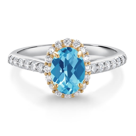 Gem Stone King 10K White Gold Swiss Blue Topaz Lab Grown Diamond Halo Engagement Ring for Women (1.31 Cttw, Oval Checkerboard 7X5MM, Gemstone November Birthstone, in Size 5, 6, 7, 8, 9)
