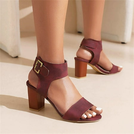 

Cathalem Ladies Fashion Solid Color Leather Open Toe Buckle Thick High Heeled Sandals Water Sandals for Women Size 7 Wine 7.5