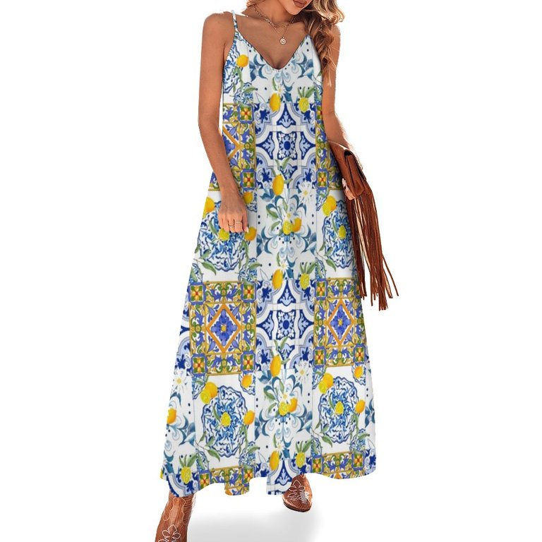Summer citrus mosaic background Mediterranean style lemon fruit pattern  Sleeveless Dress womens dress long dress women summer - Walmart.com