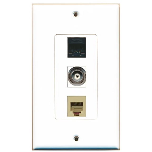 RiteAV - 1 Port Phone RJ11 RJ12 Beige and 1 Port BNC and 1 Port Cat5e Ethernet Black Decorative Wall Plate Decorative