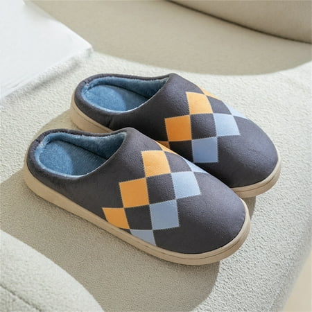 

MRULIC slippers for men Men s Cotton Slippers Couple Style Plaid Plush Home Warm Cotton Slippers mens slippers Grey + US:11