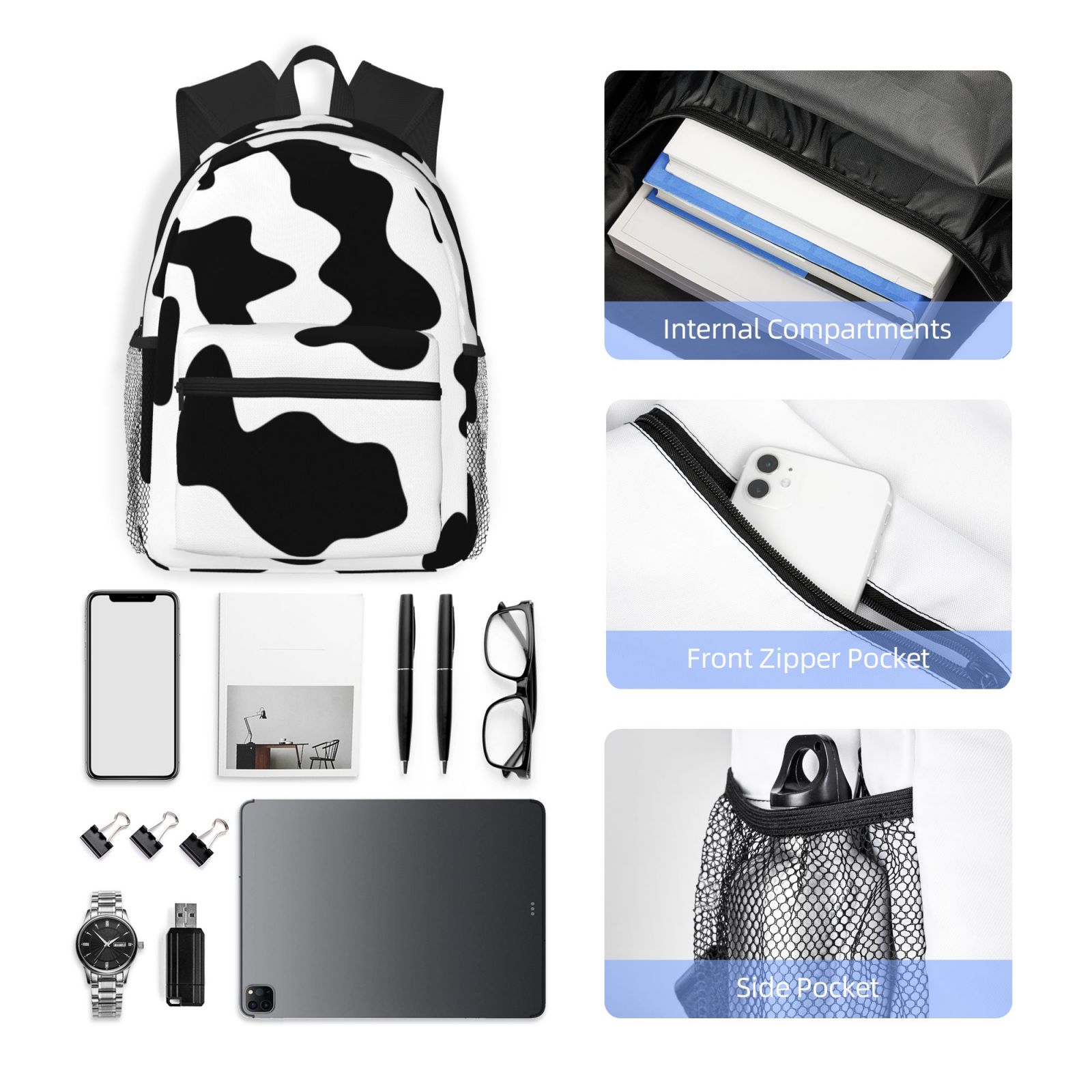 Vsdgher Milk Cow Print Unisex Large Capacity Bookbag Schoolbag Casual Daypack for High School/College/Teens/Travel/Work