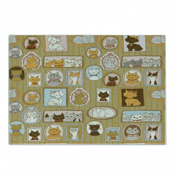 Cat Cutting Board, Family Tree of a Kitty with Portraits Domestic Feline Characters Gallery Humor Design, Decorative Tempered Glass Cutting and Serving Board, Small Size, Multicolor, by Ambesonne