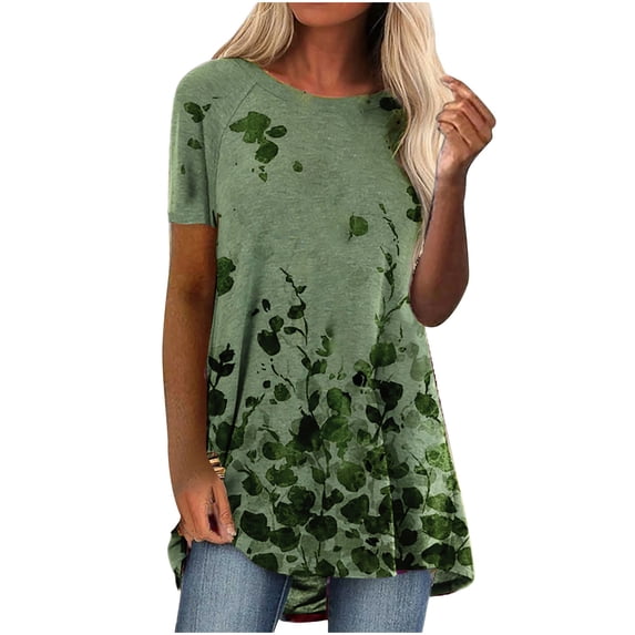 QLEICOM Womens Plus Size Tops Retro Print Short Sleeve Summer T-Shirts Curved Hem Casual Fashion Tunic Tops Green A 3XL, US Size:14