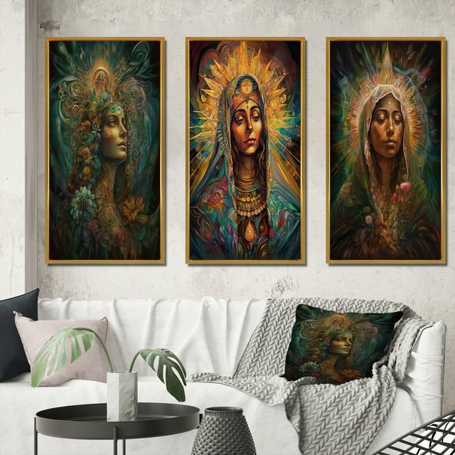 Designart "Holy Mary Radiating Aura IV" Christianism Framed Wall Art Set Of 3 - Green Traditional Frame Gallery Wall Set For Home Decor