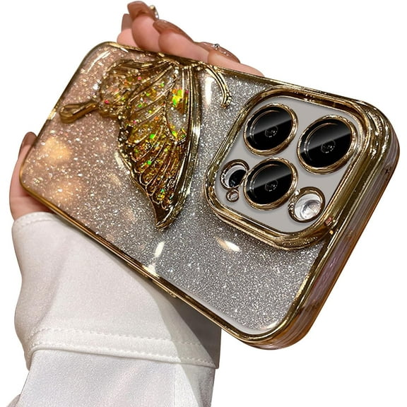 Compatible with iPhone 15 Pro Case, Cute 3D Glitter Butterfly, Luxurious Electroplated Frame Design, Slim Soft Shockproof Case for Ladies and Girls(Gold)