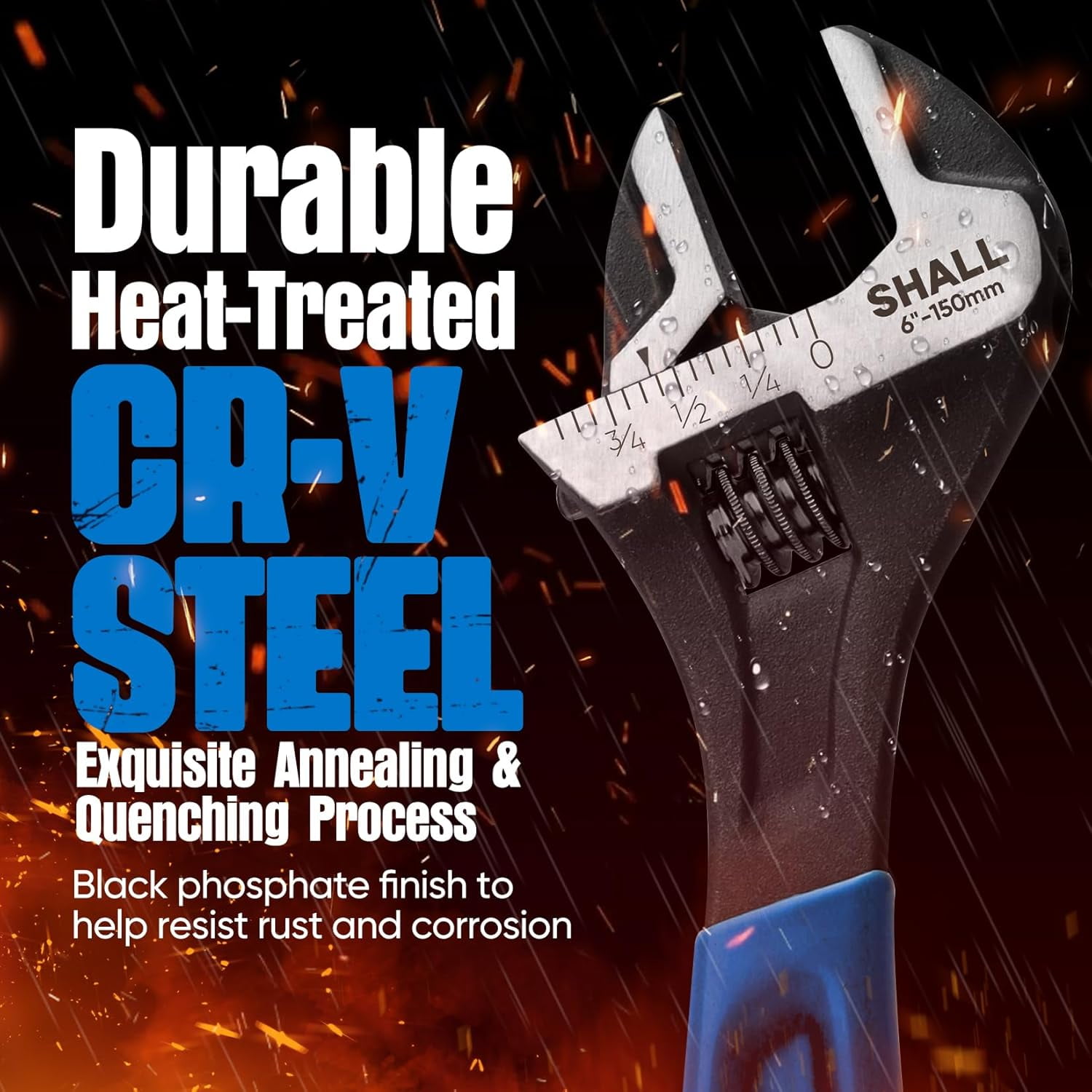 MKEUDQ-8 Inch Adjustable Wrench, Cr-V Steel Spanner with Cushion Grip, Wide Jaw Black Oxide Wrench with Laser-etched SAE Scales for Home, Garage, Workshop and DIY